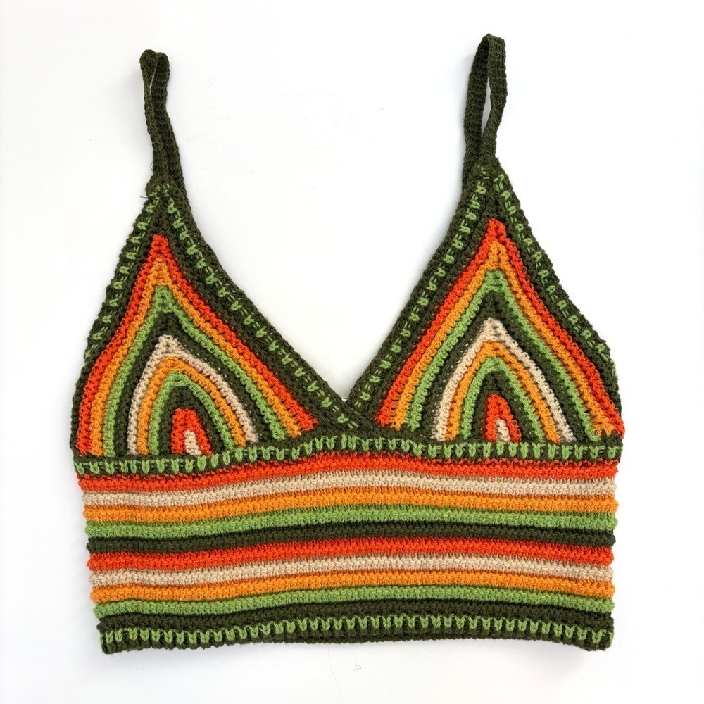 Emory Park Striped Crochet Crop Top Boho Festival Rave Orange Green L NEW
